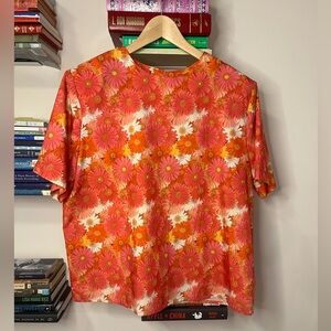 Vintage Orange and Pink Daisy Print Blouse - Size L